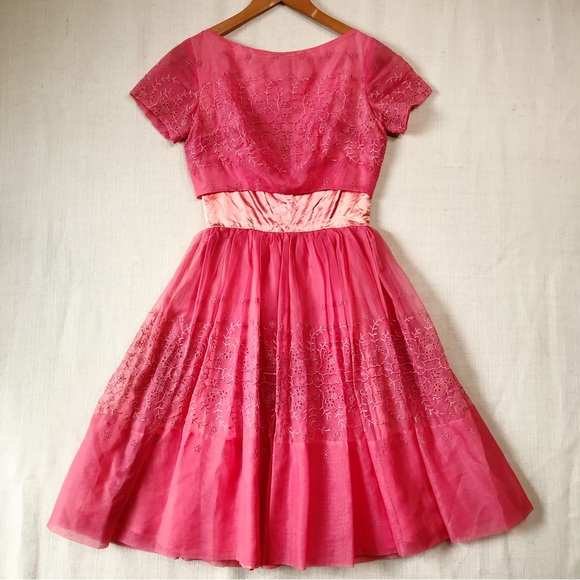 Vintage Dresses Vintage Joan Barrie 5s Pink Satin Lace Fit Flare